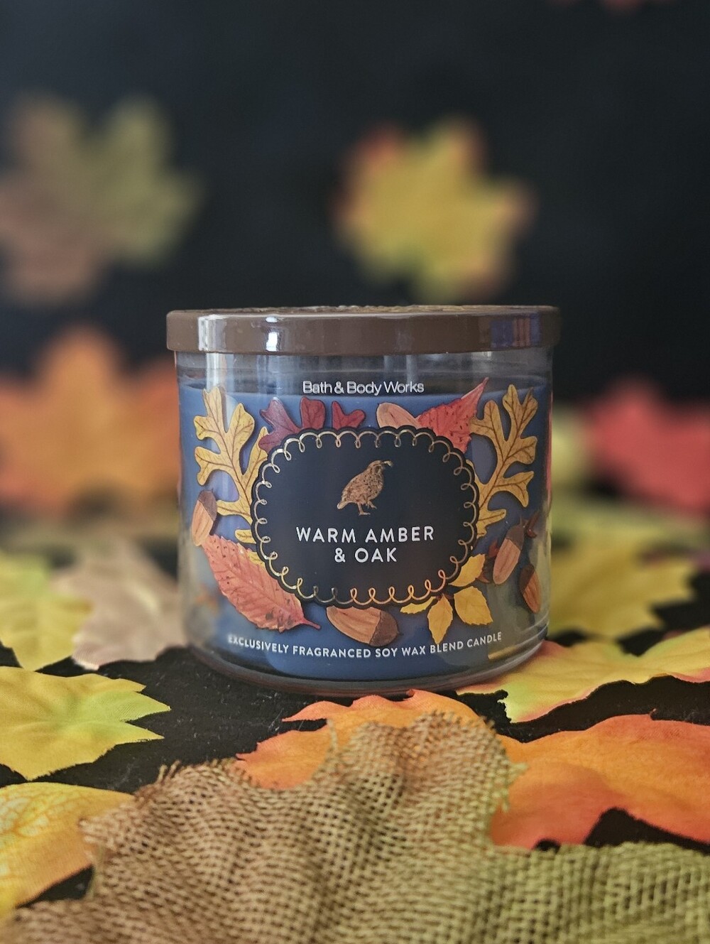 NWT Bath & Body Works Warm Amber & Oak 3-wick Candle - Blue & Brown